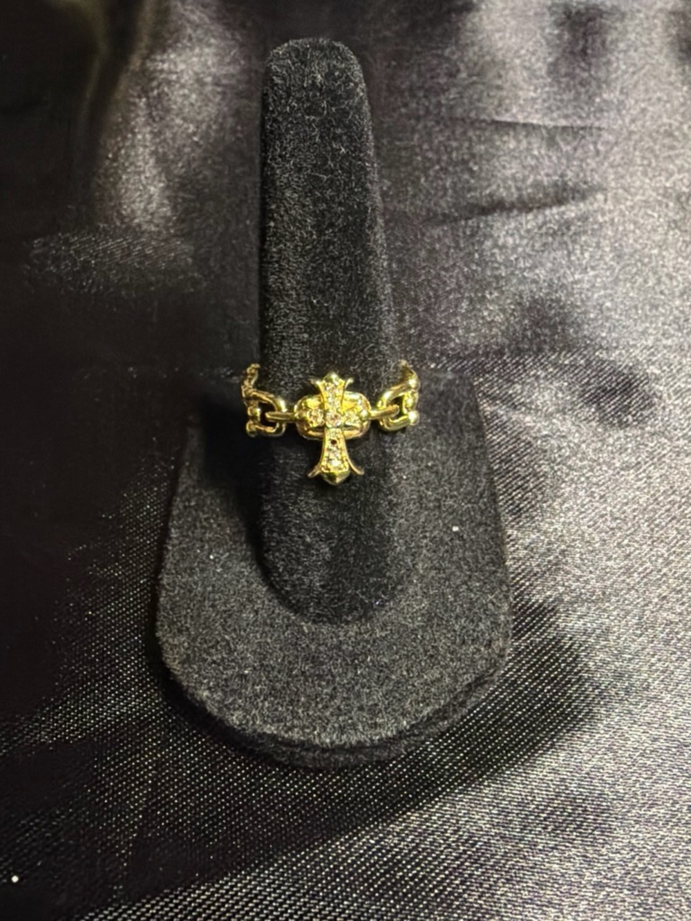 Gold Cross Accent Ring with Chain Detail - Women's Jewelry
